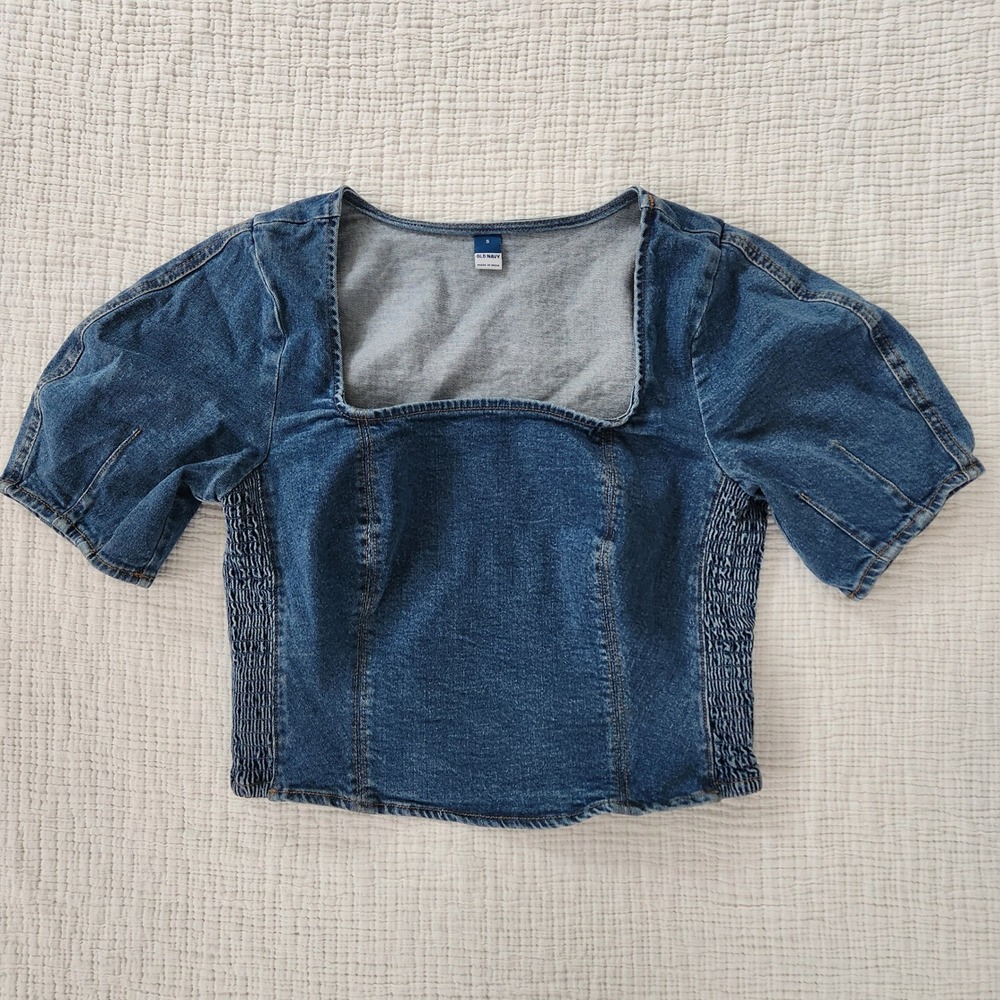 Old Navy Denim Top Women Small Blue Puff Sleeve Smocked Square Neck